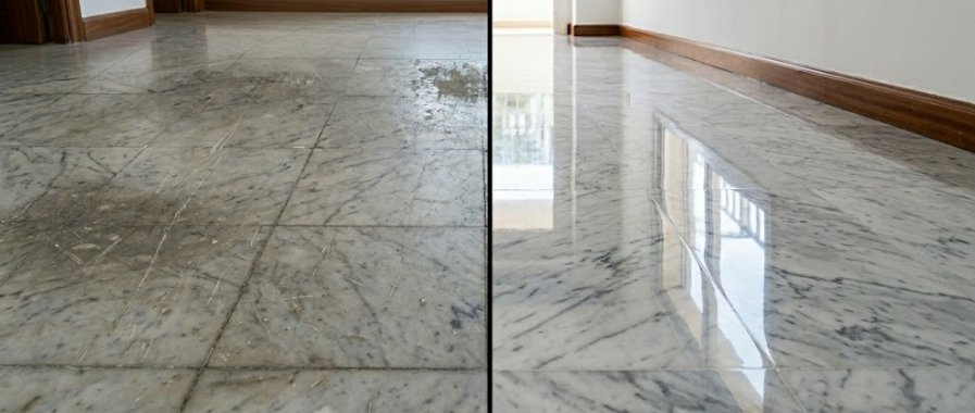 Suelo de mármol antes y después de un tratamiento de pulido y abrillantado